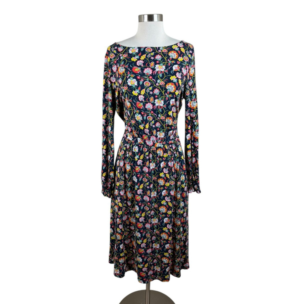 Boden Navy Floral Evelyn Jersey Midi Dress Stretch Knit Size 10R Pockets